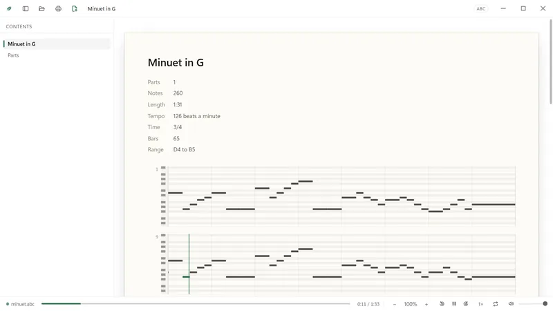 A minuet played from its notation.