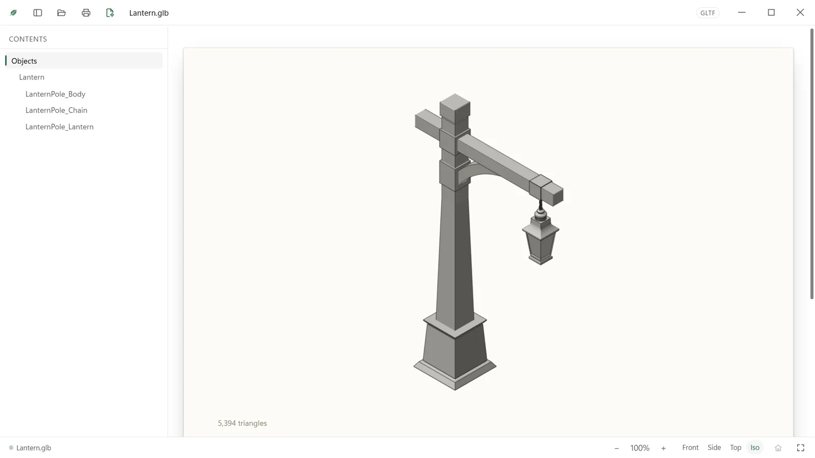 A 3D model of a lantern, shaded, with its parts in the sidebar.
