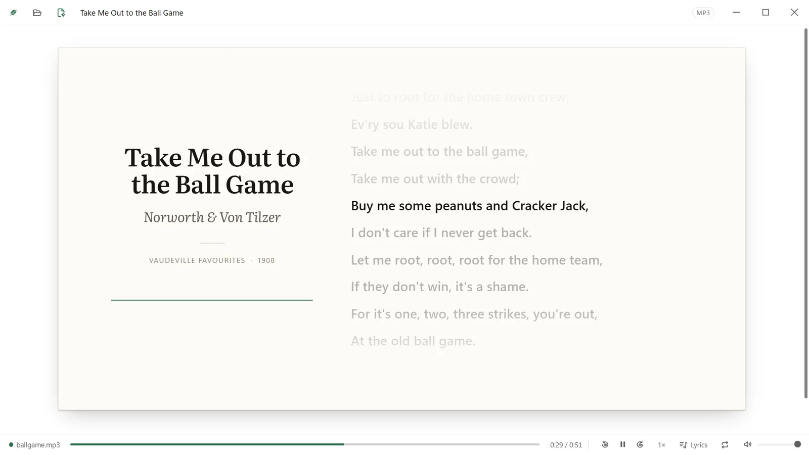 A song playing, its words lit line by line.