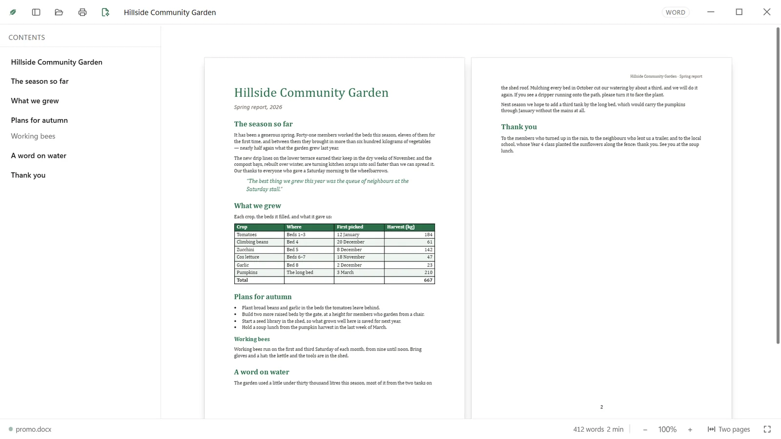 A Word report open in Leaf as two pages side by side, with its headings in the sidebar.