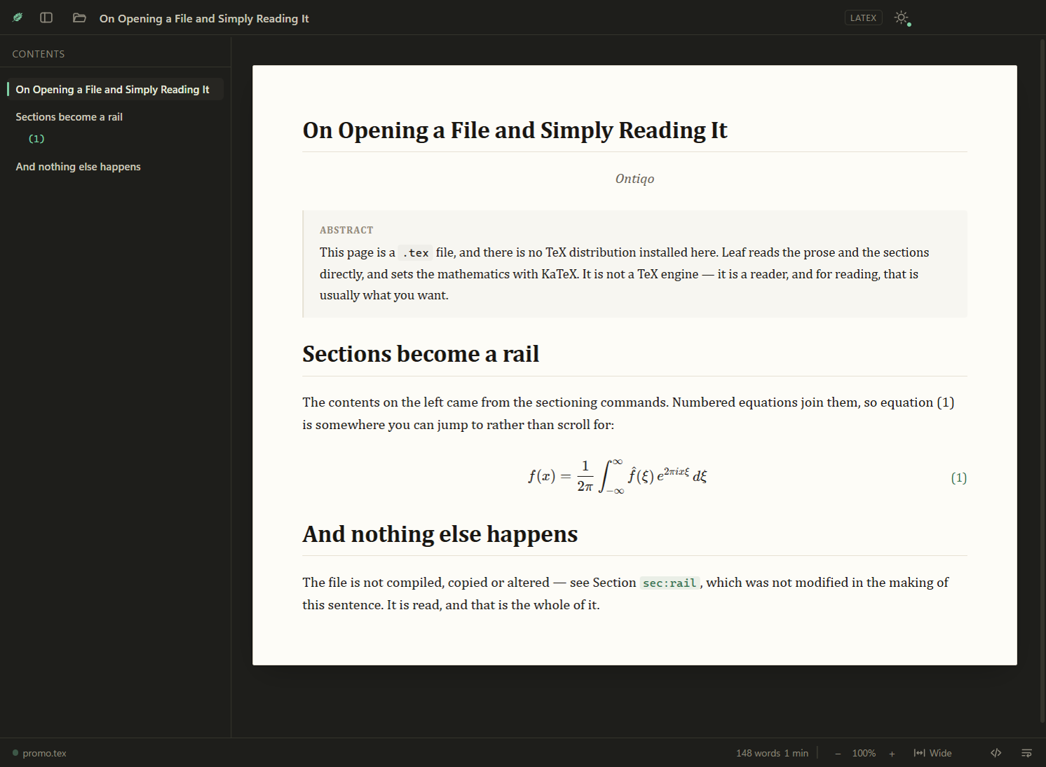 A short LaTeX paper titled On Opening a File and Simply Reading It, with its equation typeset and numbered.